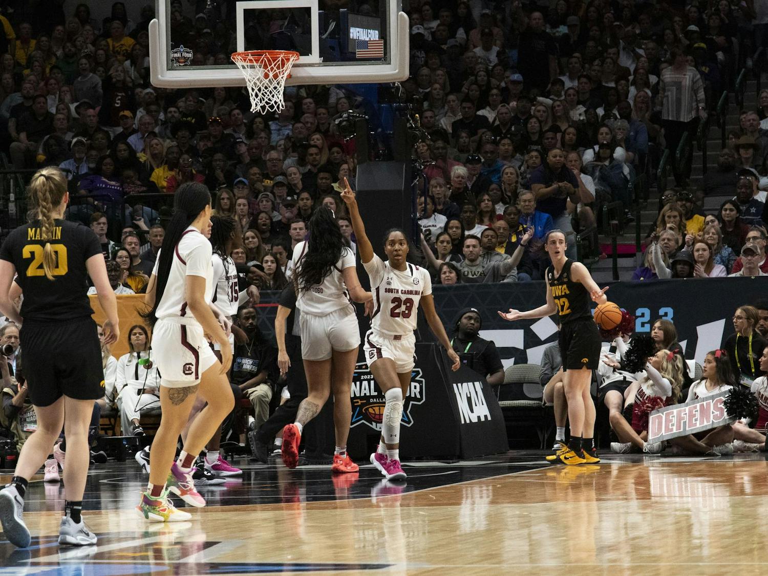 FILE — Junior guard Bree Hall signals a change of possession during a Final Four game against Iowa on March 31, 2023, at the American Airlines Center in Dallas, Texas. The Gamecocks lost to the Hawkeyes 77-73.