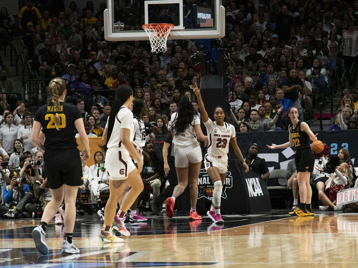 FILE — Junior guard Bree Hall signals a change of possession during a Final Four game against Iowa on March 31, 2023, at the American Airlines Center in Dallas, Texas. The Gamecocks lost to the Hawkeyes 77-73.