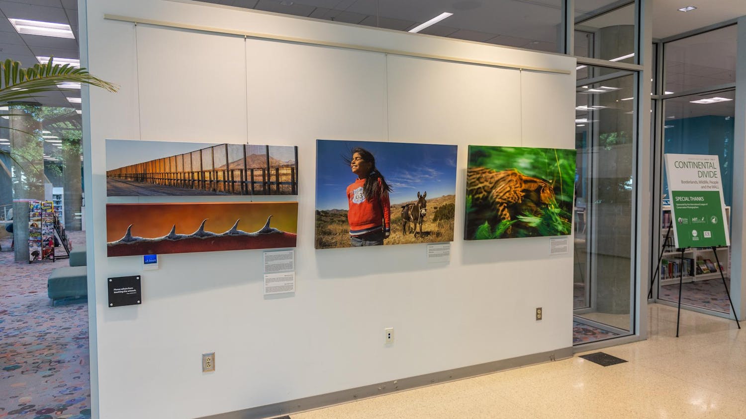 The Continental Divide exhibit at Richland Library on Oct. 10, 2024. Pictured is three photographs as part of the collection: an expansive view of the U.S.-Mexico border wall cutting through the desert, a portrait of a young girl with a donkey in the borderlands and a close-up of a jaguar, highlighting the wildlife affected by the border. These images document both the human and environmental impact of the border region.