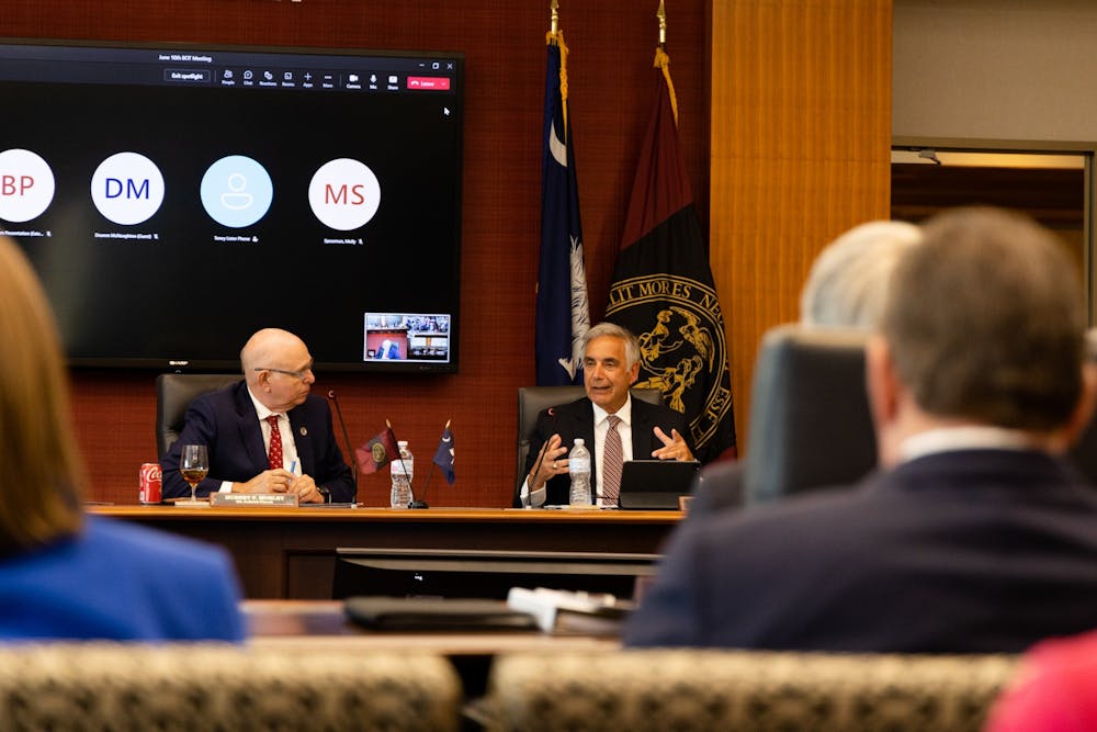 <p>Interim president Harris Pastides speaks to the board of trustees during its meeting on June 10, 2022 at the Pastides Alumni Center. The board met for about eight hours to discuss the budget, construction projects and department updates.&nbsp;</p>