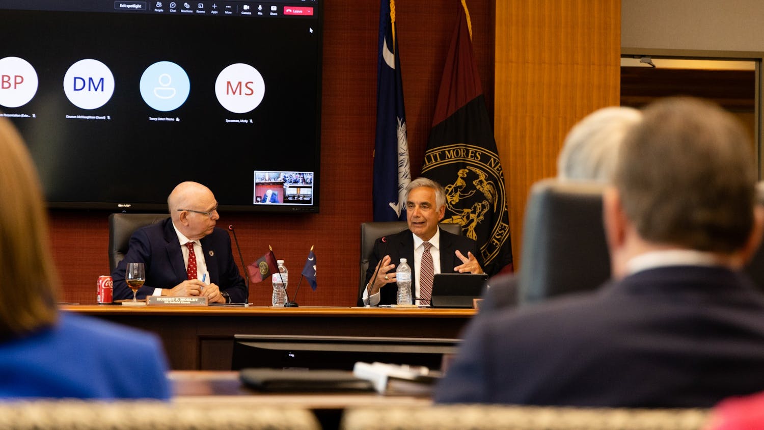 Interim president Harris Pastides speaks to the board of trustees during its meeting on June 10, 2022 at the Pastides Alumni Center. The board met for about eight hours to discuss the budget, construction projects and department updates. 