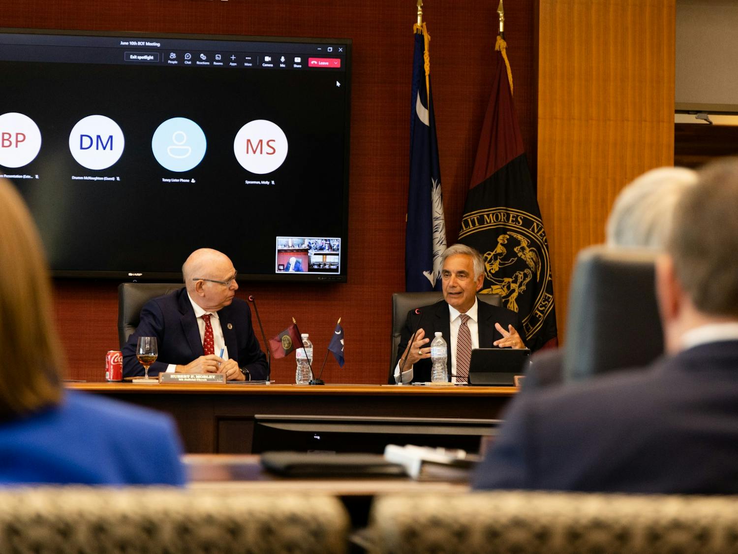 Interim president Harris Pastides speaks to the board of trustees during its meeting on June 10, 2022 at the Pastides Alumni Center. The board met for about eight hours to discuss the budget, construction projects and department updates.&nbsp;