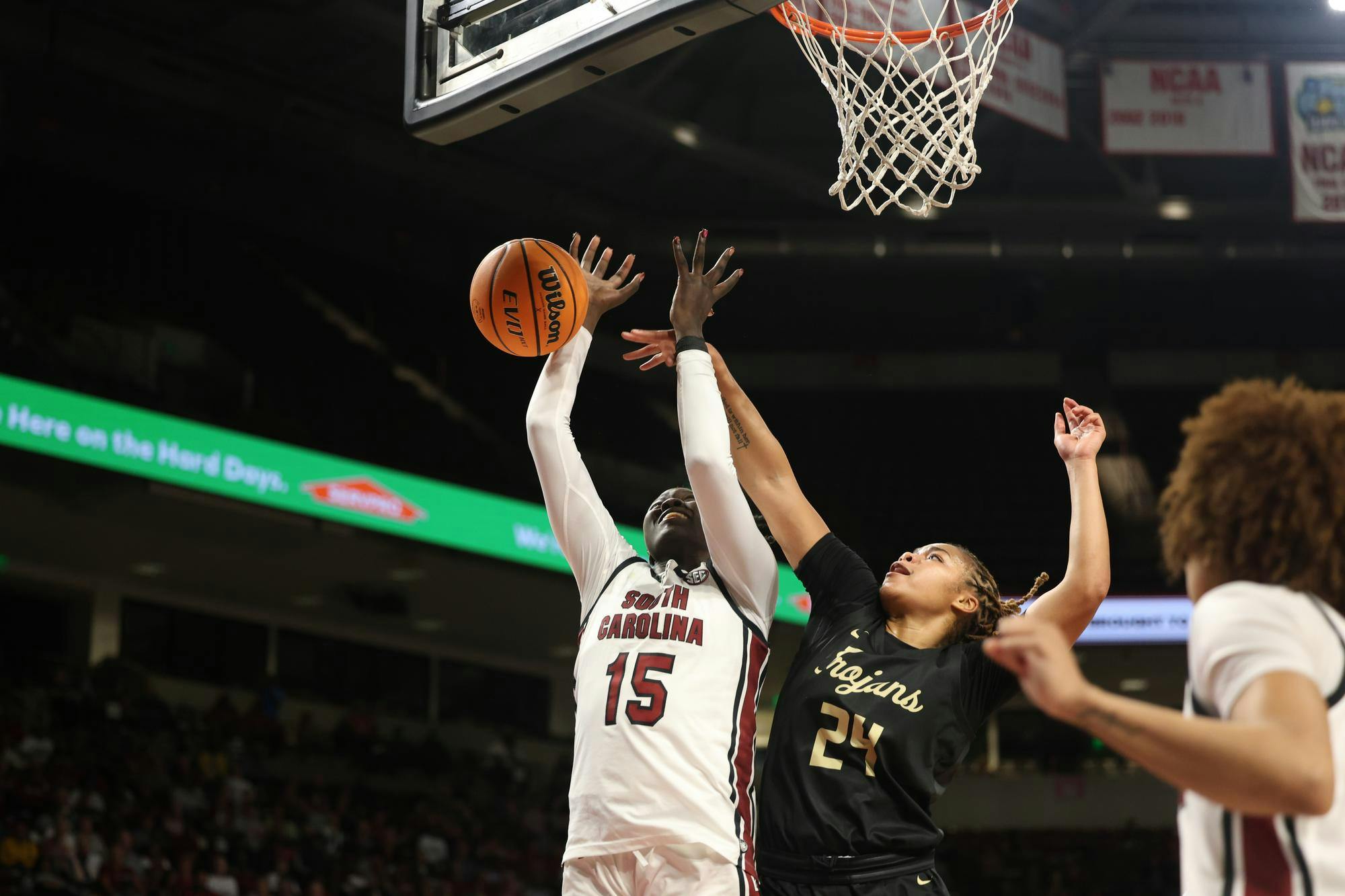 The Gamecock women's basketball team dominated Anderson University on Friday night with a score of 112-31. Sophomore forward Adhel Tac makes a basket for the Gamecocks.