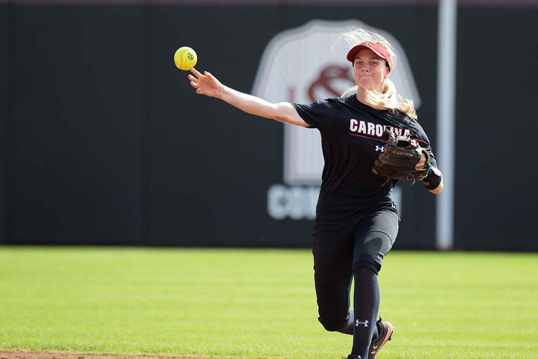 Junior infielder Riley Blampied throws the ball to first base after fielding a grounder in the Garnet and Black Scrimmage at Beckham Field on Nov. 5, 2022. Blampied only allowed 29 runs during the 2021-2022 season.