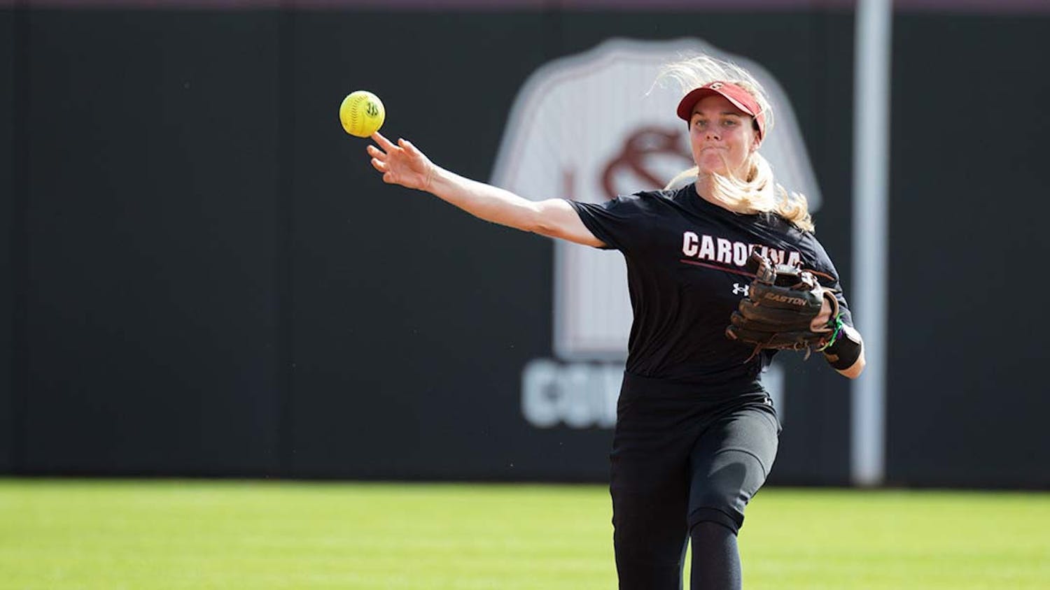 Junior infielder Riley Blampied throws the ball to first base after fielding a grounder in the Garnet and Black Scrimmage at Beckham Field on Nov. 5, 2022. Blampied only allowed 29 runs during the 2021-2022 season.