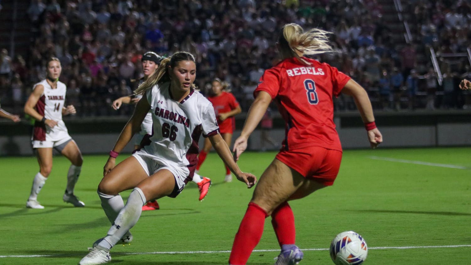 Senior defender Gracie Falla defends against an Ole Miss player during South Carolina's match on Sept. 18, 2025, at Stone Stadium. The Gamecocks' defense allowed no goals from Ole Miss, securing a 4-0 victory for the Gamecocks.