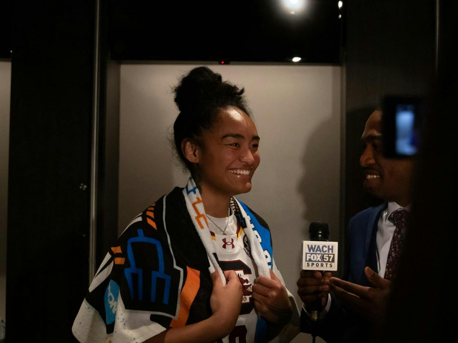 Senior guard Te-Hina Paopao laughs with reporters after the game against Indiana on March 23, 2025. This was Paopao's last game as a Gamecock in Colonial Life Arena as the Gamecocks get ready to play in the Sweet 16.