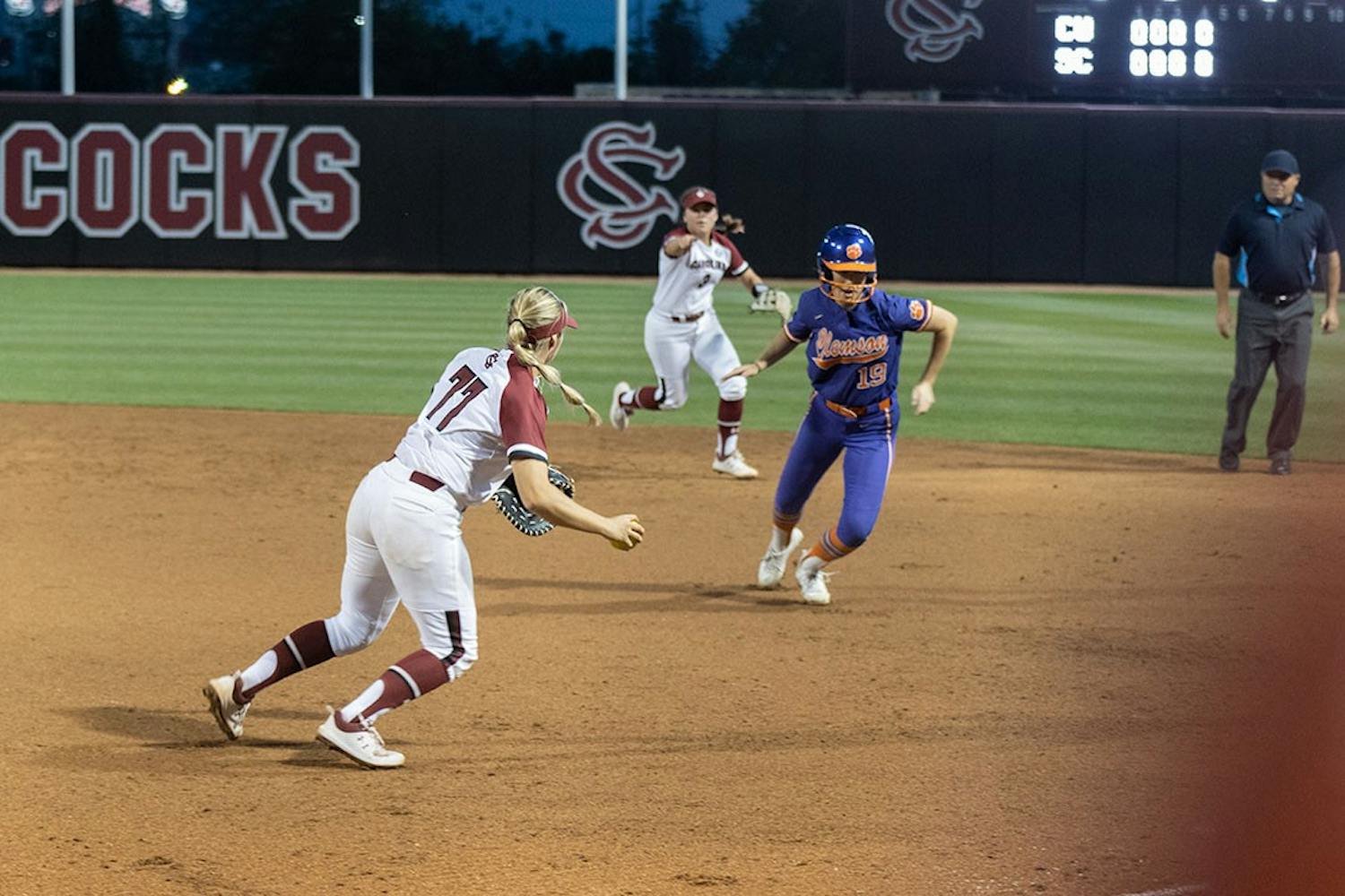 Senior infielder Kassidy Krupit heading back to first base to out a Clemson player attempting to steal second base on April 12, 2022 at the Carolina Softball Stadium in Columbia, SC. Krupit made seven putouts during the game against Clemson.