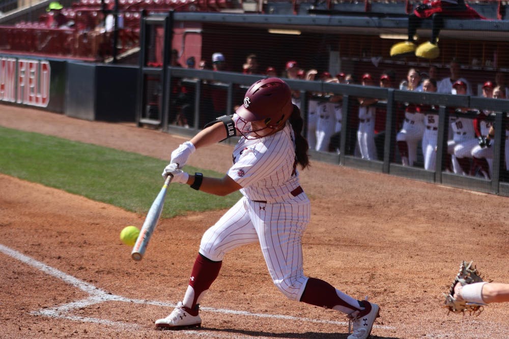 <p>Redshirt senior outfielder Quincee Lilio hits the ball during the game against Queens on March 1, 2026. Lilio had two hits and two RBI, helping lead the Gamecocks to their 25-4 victory.</p>