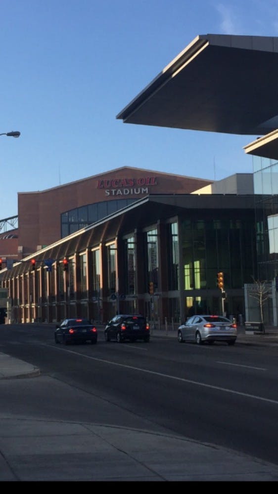 I had a great view of Lucas Oil Stadium from just outside the lobby of my hotel.