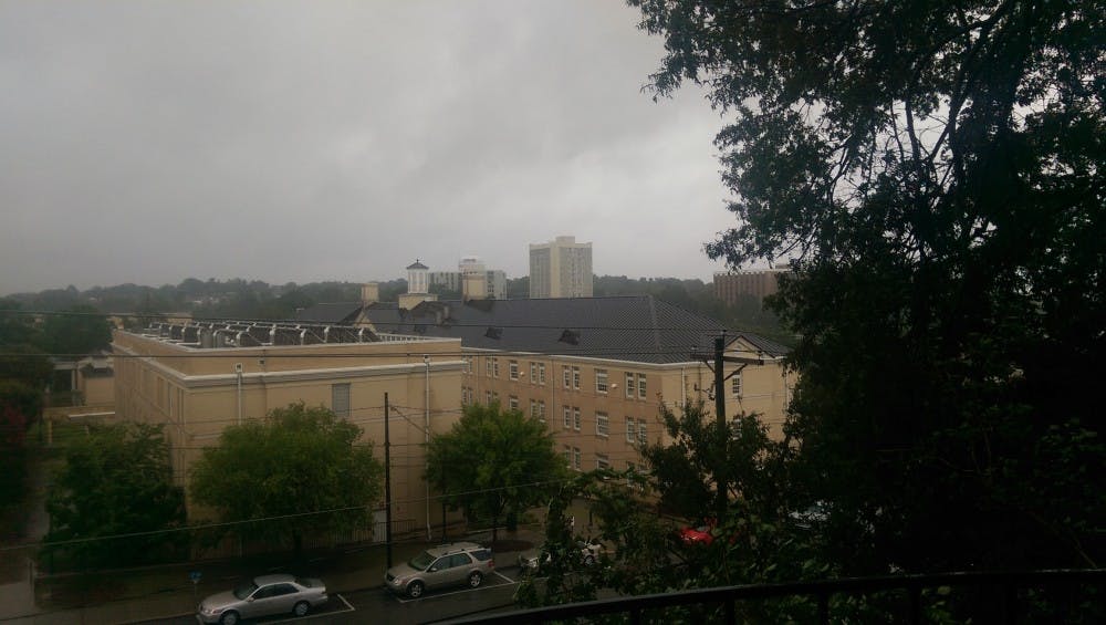 Trees shake in the tropical storm's winds near Green Quad.