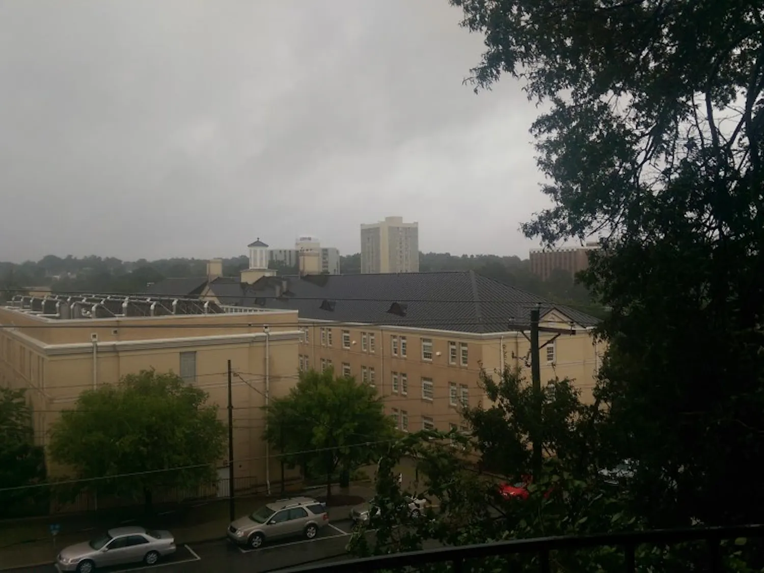 Trees shake in the tropical storm's winds near Green Quad.