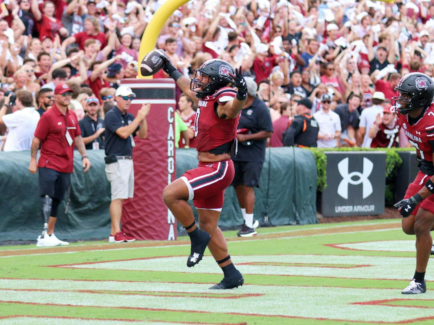 Redshirt senior linebacker Debo Williams celebrates after recovering a fumble from Old Dominion in the first minute of the game on Aug. 31, 2024. The Gamecocks went on to defeat the Monarchs 23-19.