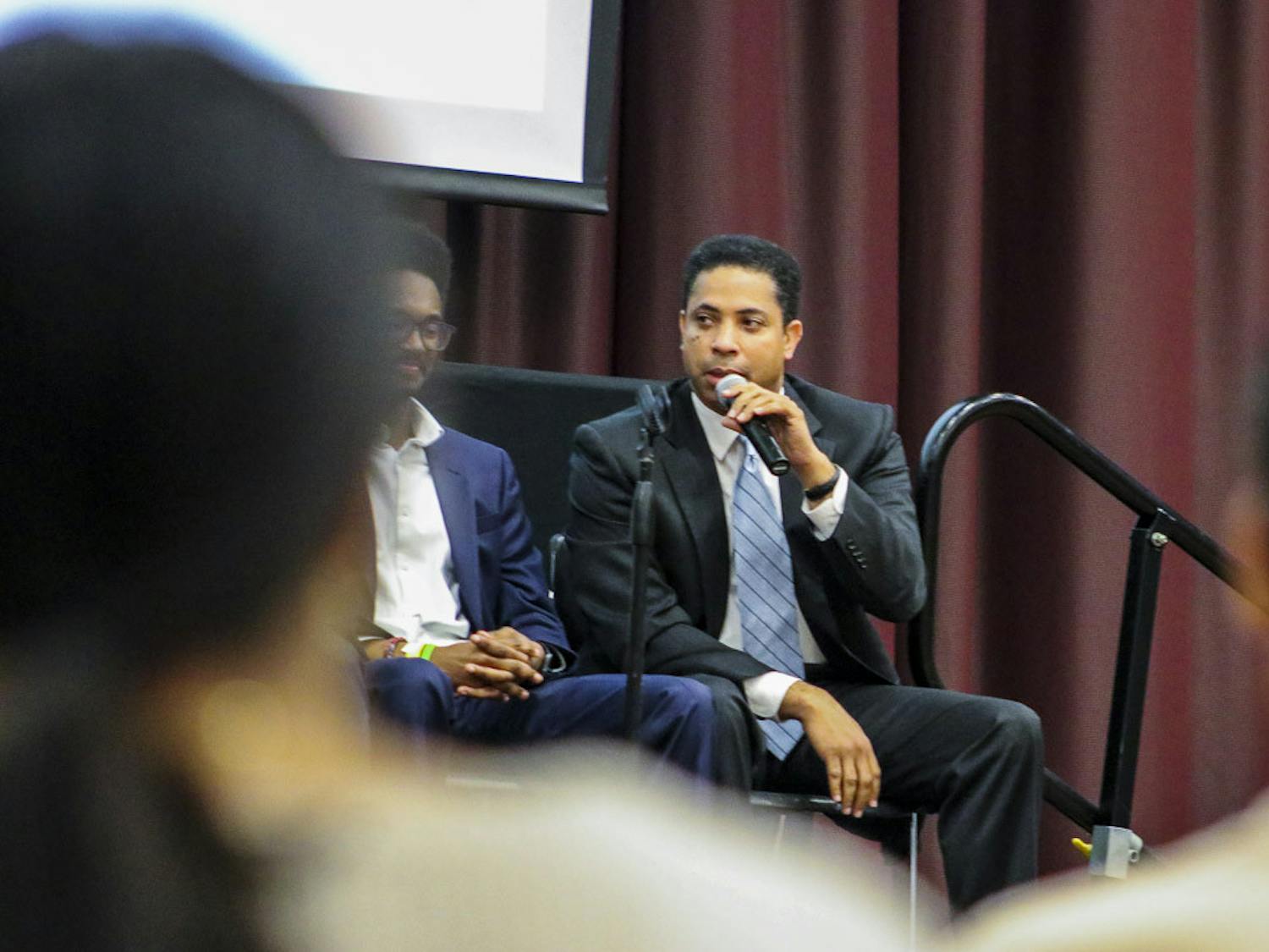 Harry Singleton, an adjunct professor in African American and Religious studies at USC, talks about the value diversity brings to the workspace during the Alpha Kappa Psi panel in the Russell House Ballroom on Feb. 20, 2023. Panel members touched on the benefits of diversity, and the benefits it brings to an organization.