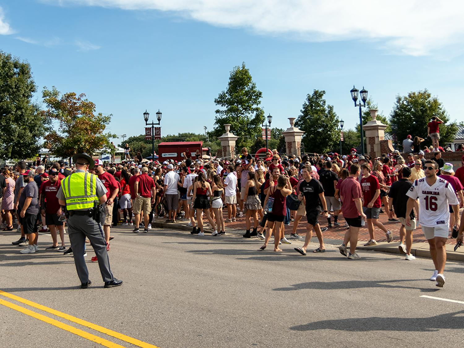 Gamecock fans stop traffic on Bluff Road between Williams-Brice Stadium and Gamecock Park for Gamecock Walk.