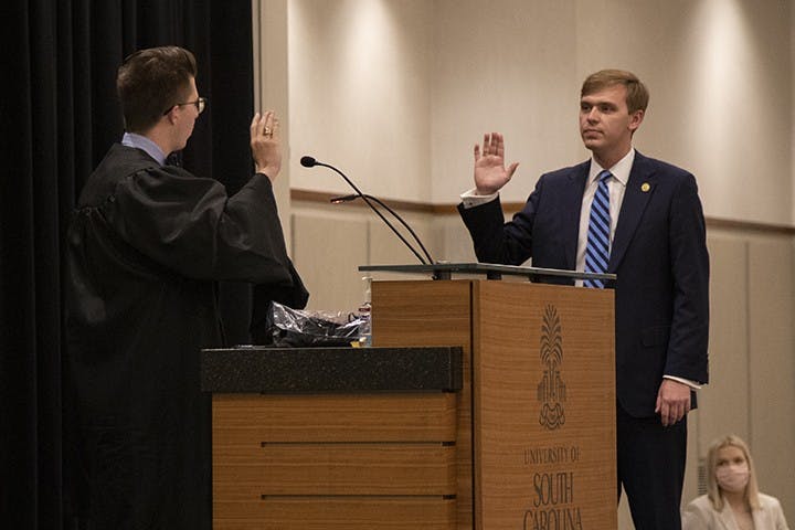 New Student Body President Alex Harrell being sworn into his position. This was immediately followed with his inauguration speech, where he thanks those who played a part in his success.