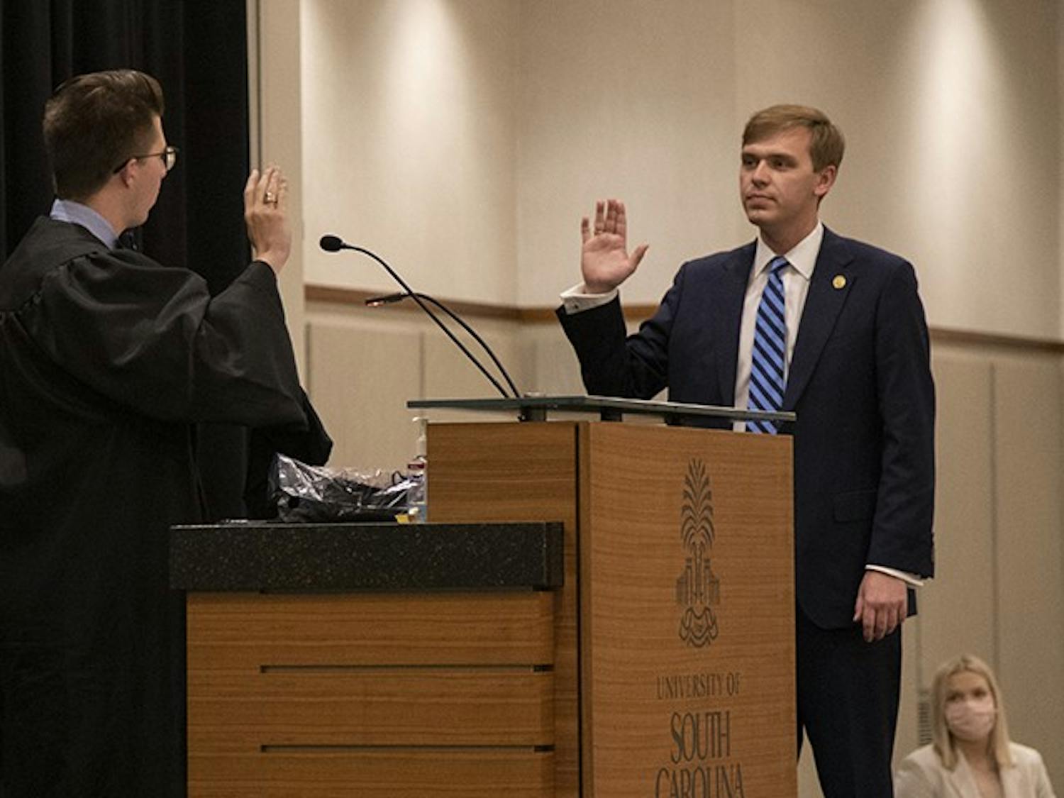 New Student Body President Alex Harrell being sworn into his position. This was immediately followed with his inauguration speech, where he thanks those who played a part in his success.