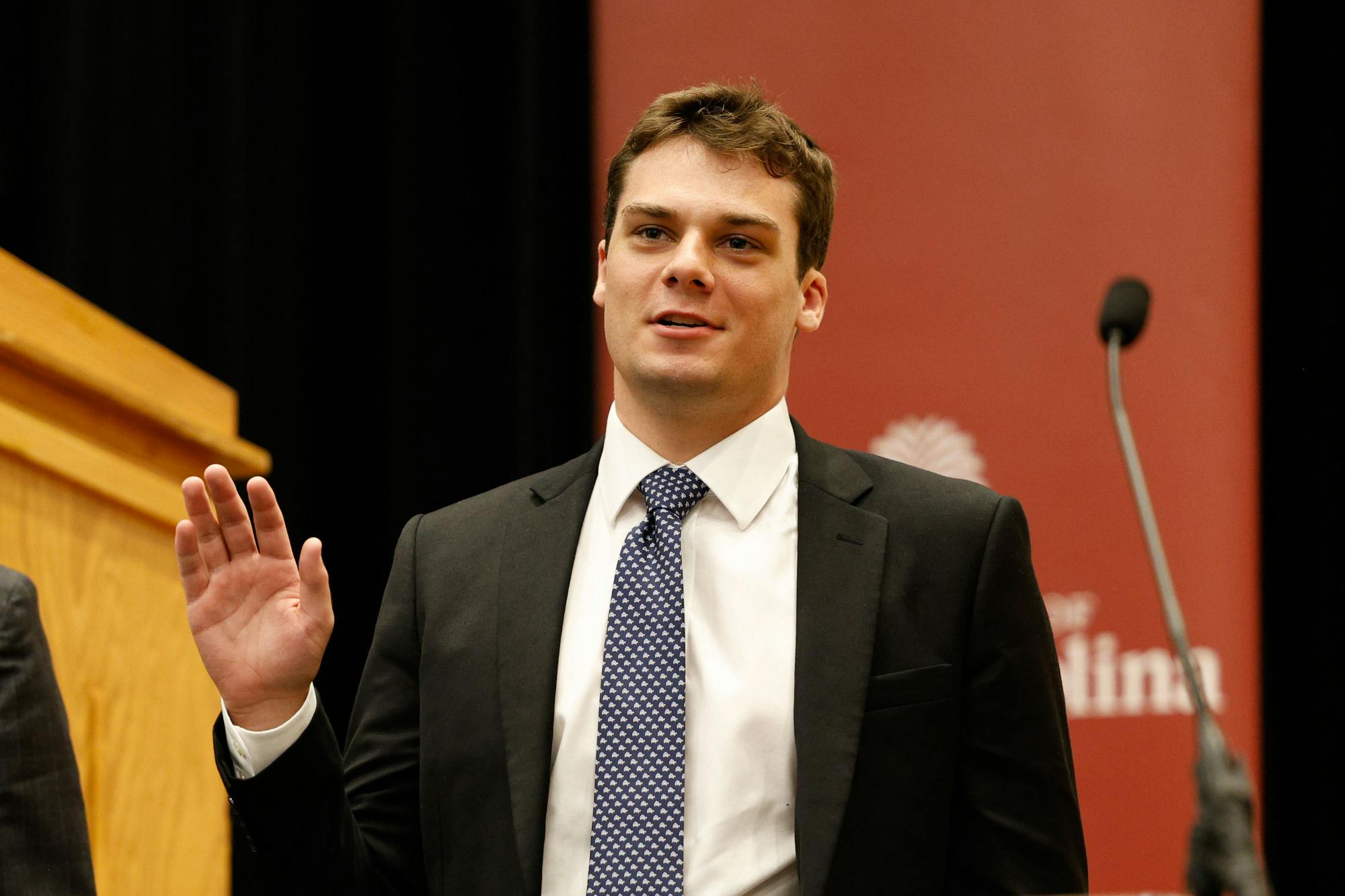Thomas Spurgeon is sworn into office as a senator at the student senate meeting at the Russell House Theater on Nov. 6, 2024. Spurgeon is nominated for the position of student body treasurer.