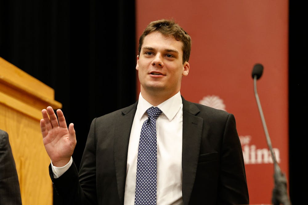 <p>Thomas Spurgeon is sworn into office as a senator at the student senate meeting at the Russell House Theater on Nov. 6, 2024. Spurgeon is nominated for the position of student body treasurer.</p>