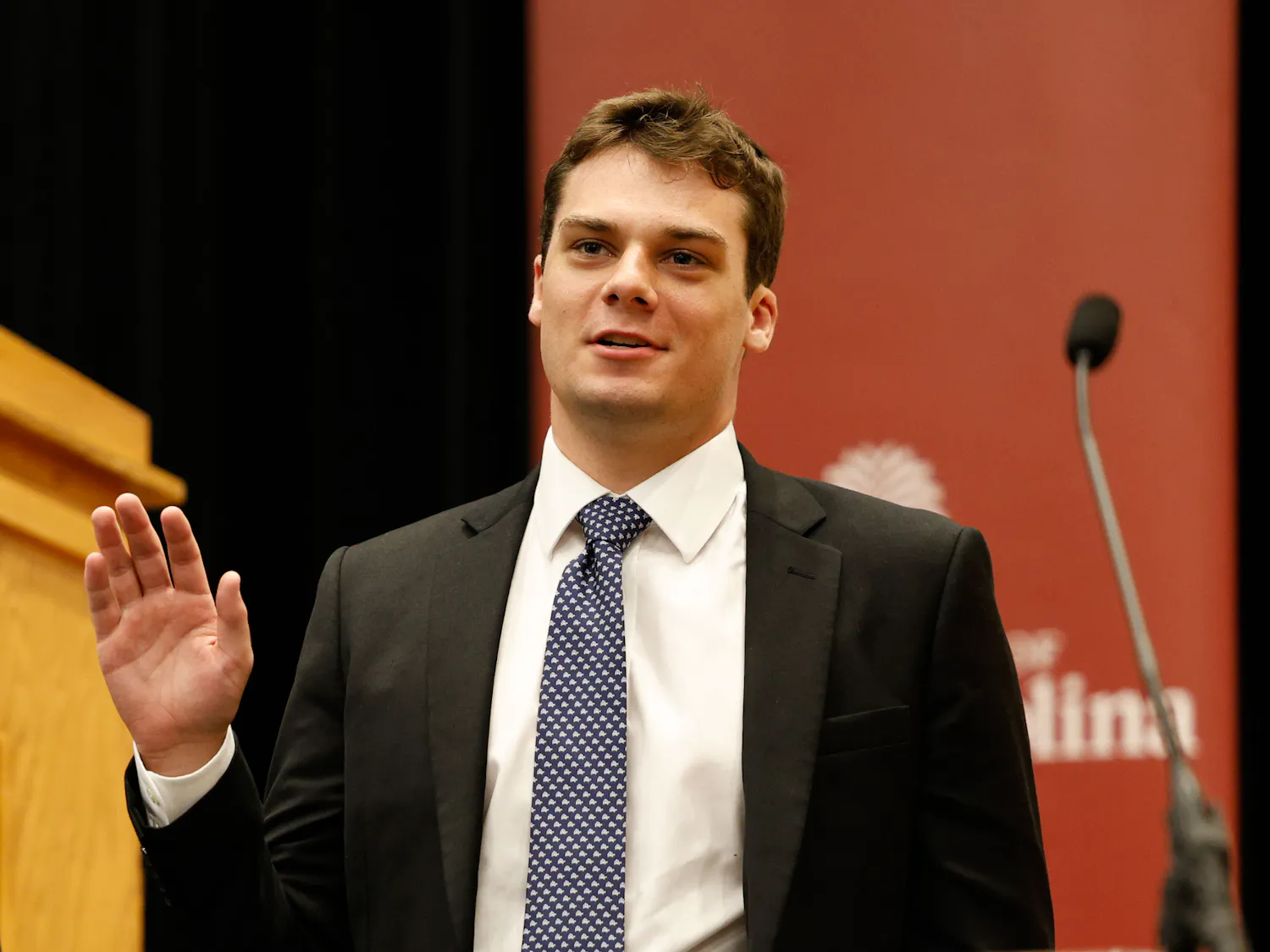 Thomas Spurgeon is sworn into office as a senator at the student senate meeting at the Russell House Theater on Nov. 6, 2024. Spurgeon is nominated for the position of student body treasurer.