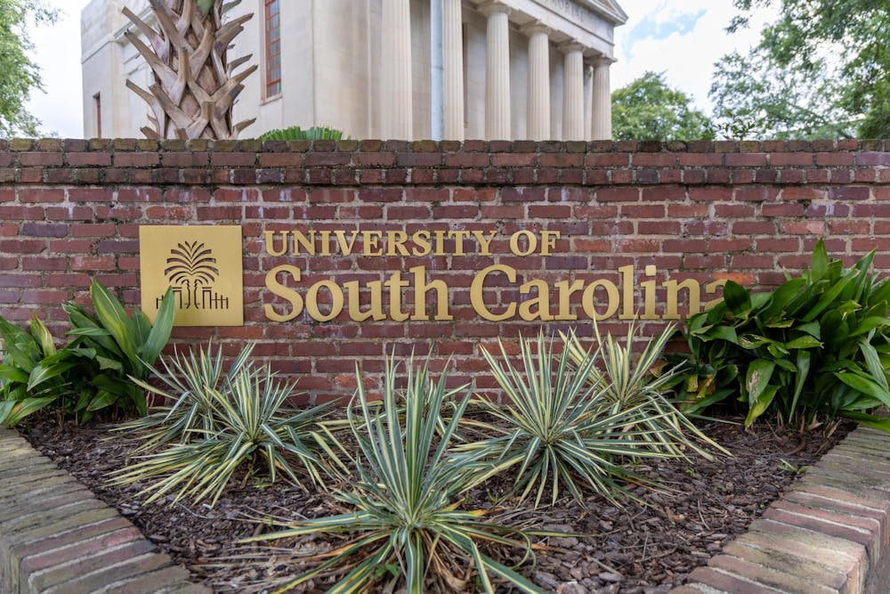 <p>The University of South Carolina logo located at the intersection of Pendleton and Sumter Streets on Aug. 17, 2025.</p>