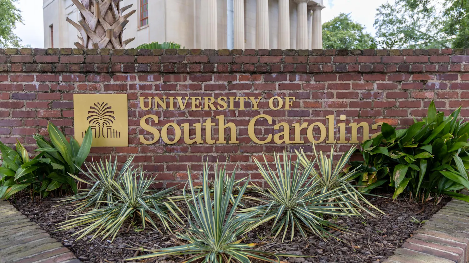 The University of South Carolina logo located at the intersection of Pendleton and Sumter Streets on Aug. 17, 2025.