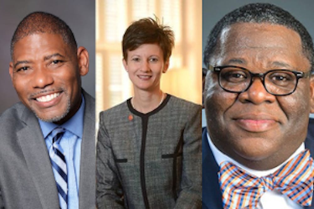 <p>A graphic of the vice president of student affairs and academic support candidates Darryl B. Holloman (left), Brandi Hephner LaBanc (middle) and J. Rex Tolliver (right). The three candidates visited campus from July 7-14. &nbsp;</p>
