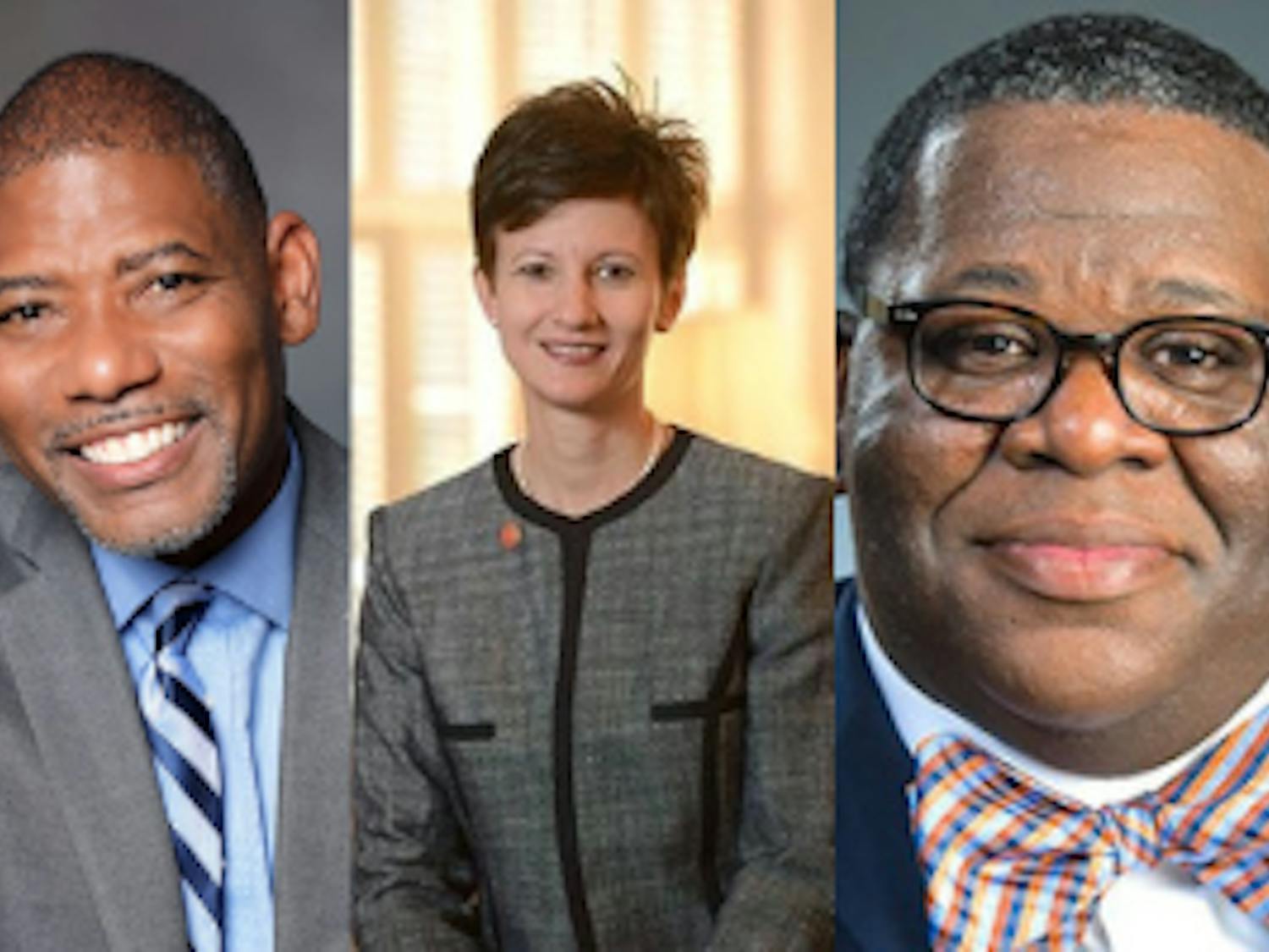 A graphic of the vice president of student affairs and academic support candidates Darryl B. Holloman (left), Brandi Hephner LaBanc (middle) and J. Rex Tolliver (right). The three candidates visited campus from July 7-14. 