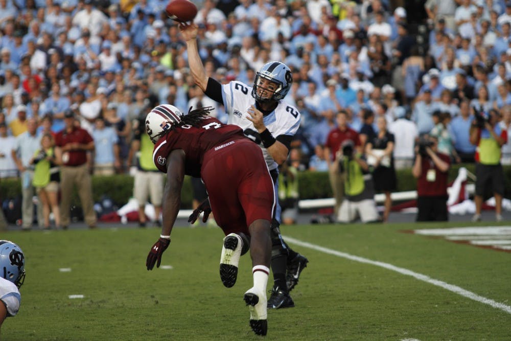 	Junior defensive end Jadeveon Clowney failed to record a sack against the Tar Heels