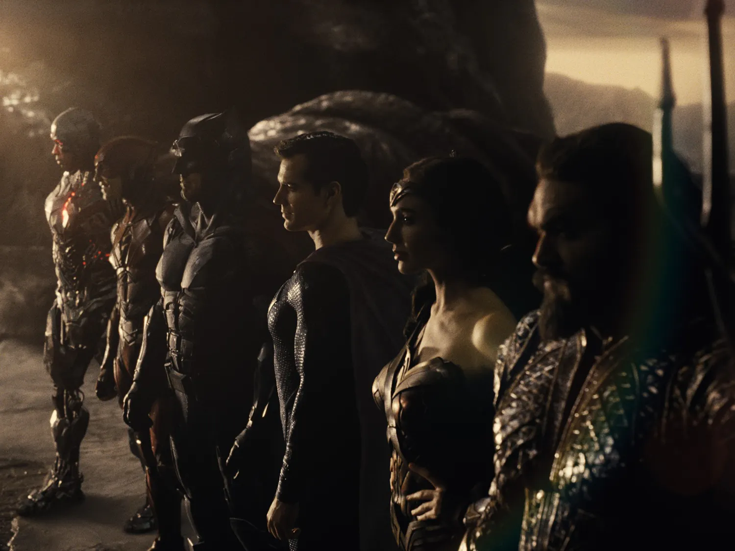 (From left to right) Ray Fisher, Ezra Miller, Ben Affleck, Henry Cavill, Gal Gadot and Jason Momoa star in "Zack Snyder's Justice League." 