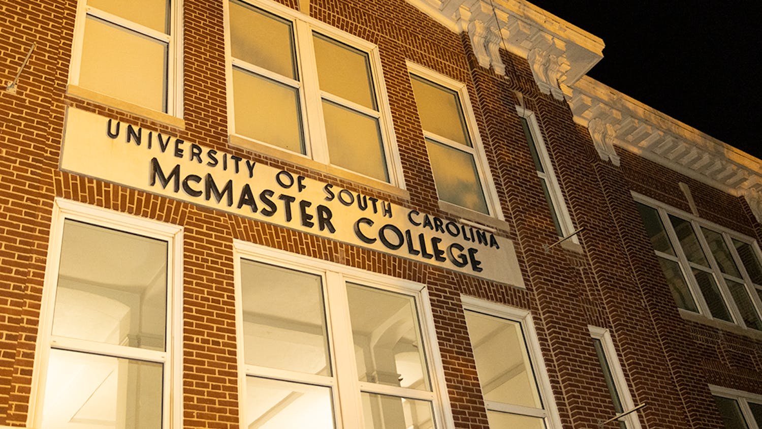 The front of McMaster College, home to the School of Visual Art and Design. The building is located on the corner of Pickens Street and Senate Street.