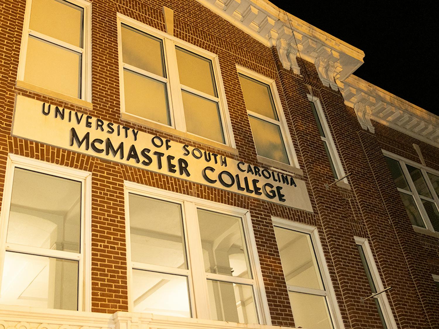 The front of McMaster College, home to the School of Visual Art and Design. The building is located on the corner of Pickens Street and Senate Street.