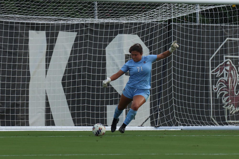 <p>FILE - Junior goalkeeper Christina Tsaousis kicks the ball down the field in the match against Clemson on Sept. 5, 2024. The Gamecocks and Tigers tied the Palmetto Series match 1-1.</p>