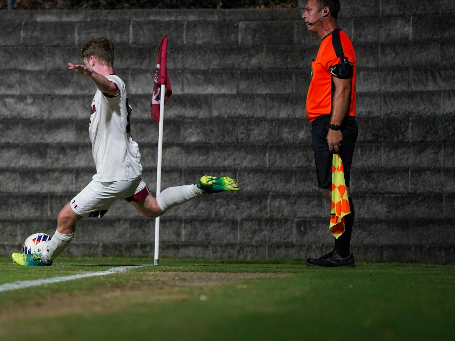 Redshirt sophomore midfielder Jack Burgess lines up a corner kick during South Carolina's' match against Costal Carolina on Oct. 27, 2023. The Gamecocks defeated the Chanticleers 4-3 at Stone Stadium, picking up the 5th win of the season.