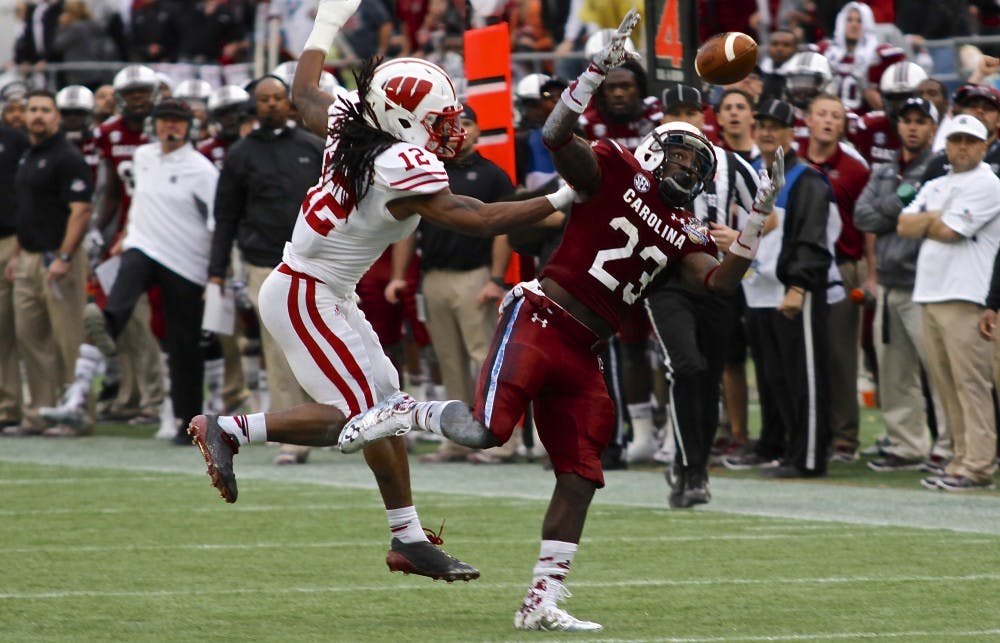 	Junior wide receiver Bruce Ellington looks in one of his six catches on the day in South Carolina&#8217;s 34-24 victory over Wisconsin in the 2014 Capital One Bowl. 