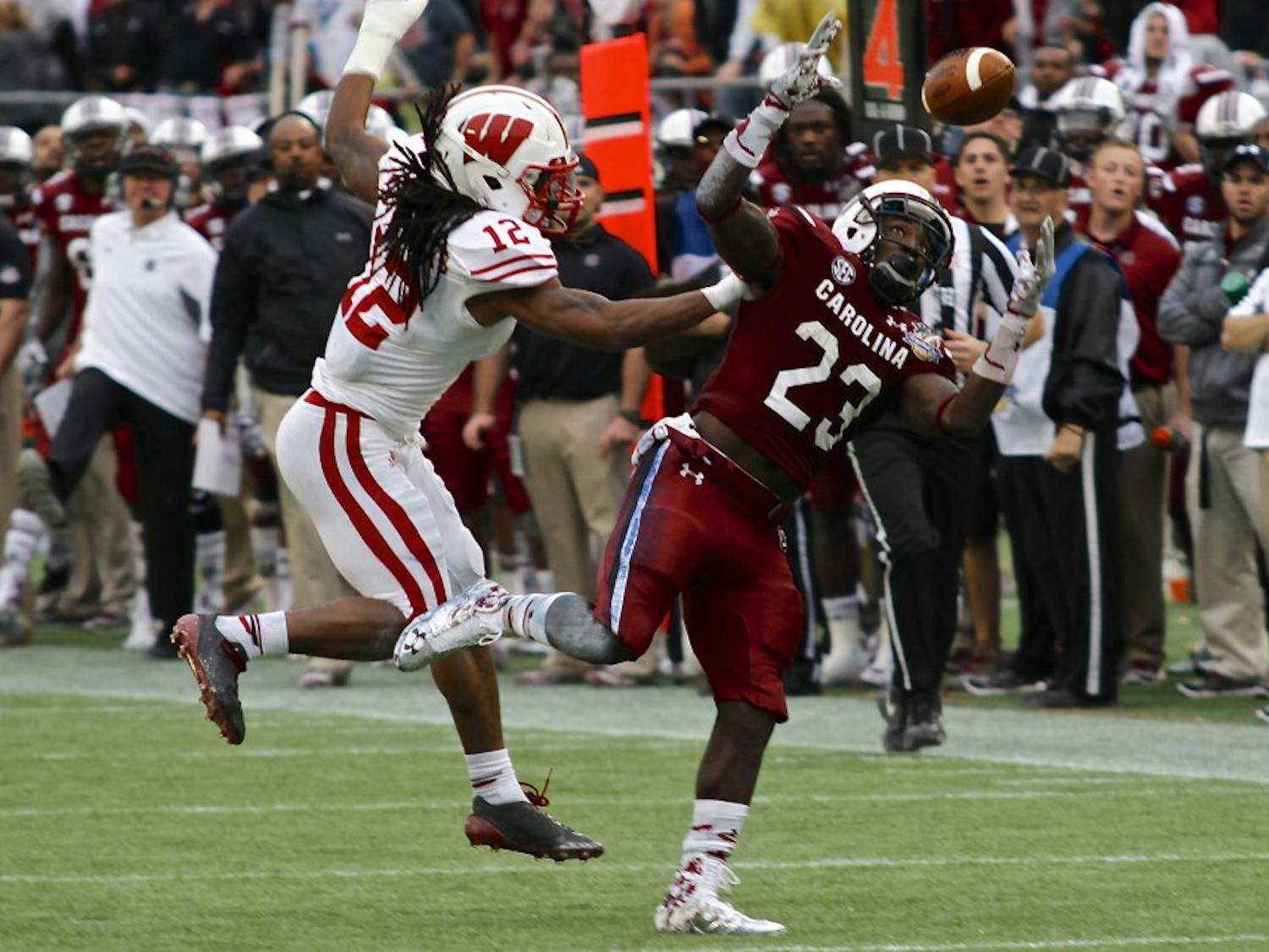 	Junior wide receiver Bruce Ellington looks in one of his six catches on the day in South Carolina&#8217;s 34-24 victory over Wisconsin in the 2014 Capital One Bowl. 