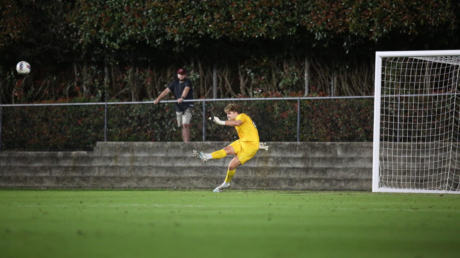 Redshirt senior goalkeeper Brant Zulauf clears the ball after making a save. Zulauf had five saves during the game against the Jacksonville Dolphins on Oct. 3, 2023.