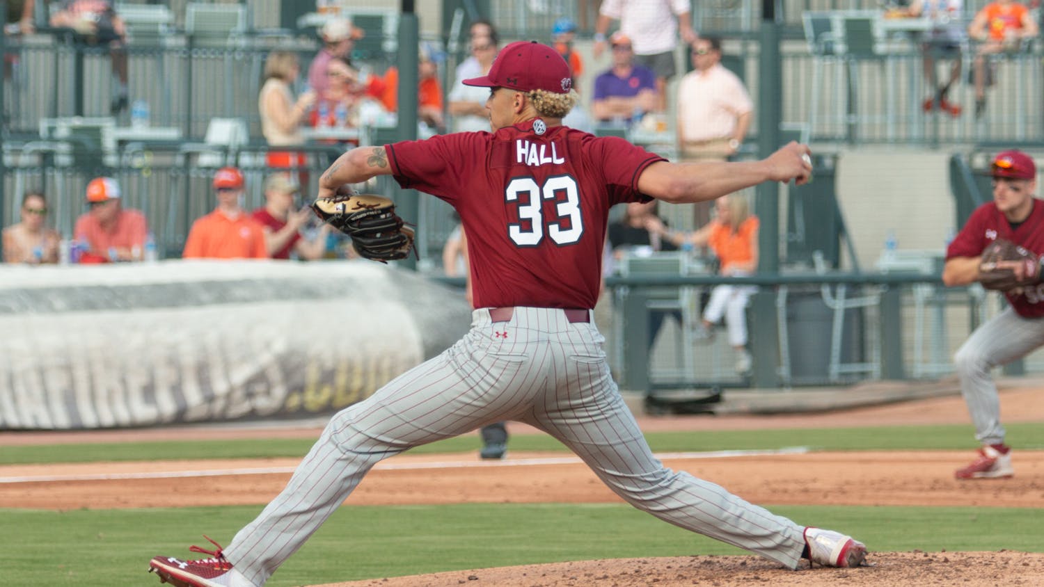 FILE— Junior pitcher Noah Hall throws a pitch in the second inning on March 5, 2022. The Gamecocks fell 10-2 in the second game of the series against Clemson.&nbsp;