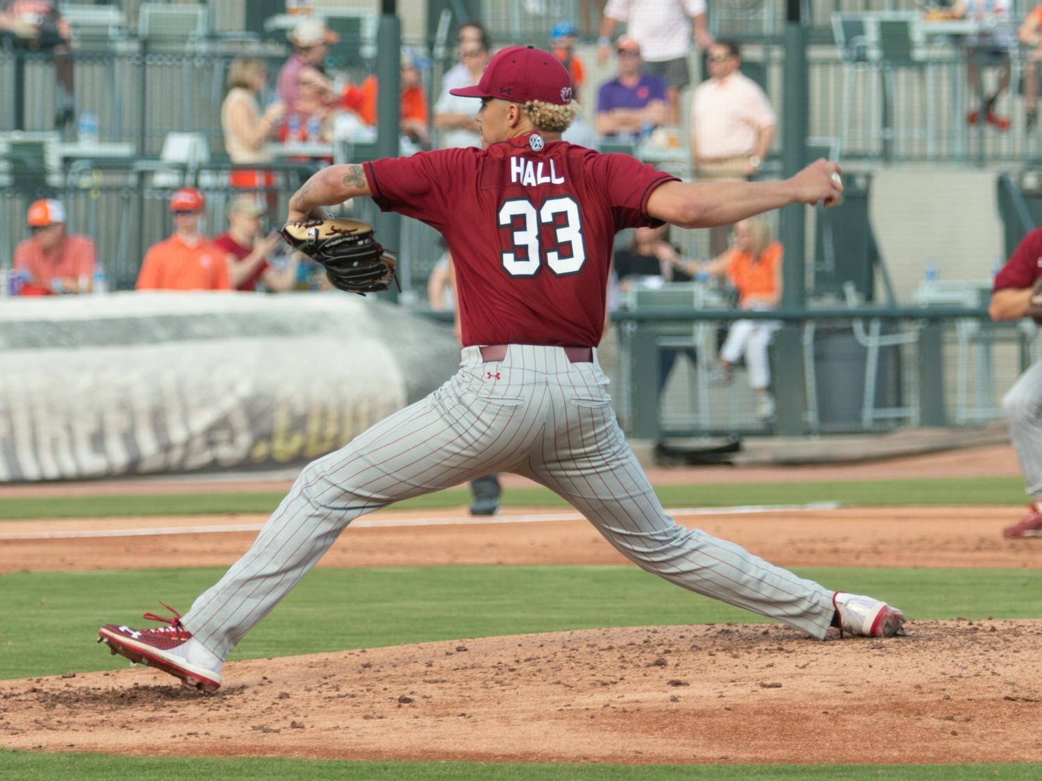 FILE— Junior pitcher Noah Hall throws a pitch in the second inning on March 5, 2022. The Gamecocks fell 10-2 in the second game of the series against Clemson.&nbsp;