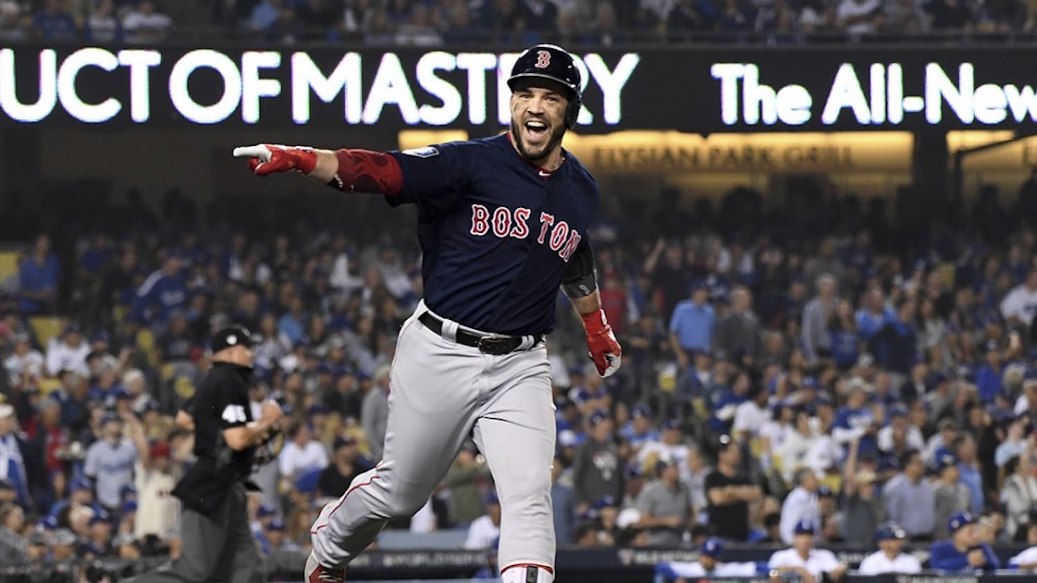Boston Red Sox&apos;s Steve Pearce celebrates his second home run of the game against the Los Angeles Dodgers in the eighth inning during Game 5 of the World Series on Sunday, Oct. 28, 2018 at Dodger Stadium in Los Angeles, Calif. (Wally Skalij/Los Angeles Times/TNS)