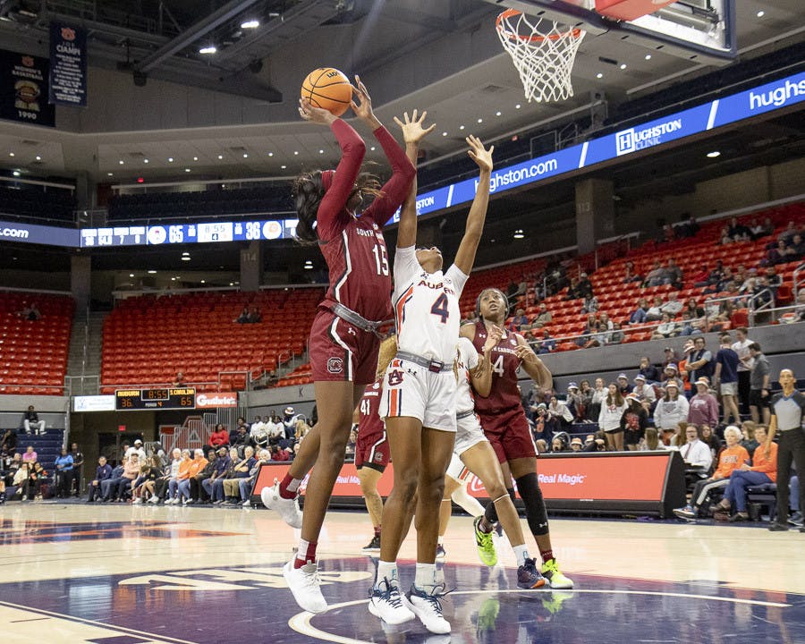 Senior forward Laeticia Amihere goes in for a layup during the matchup against Auburn on Feb. 9, 2023. The Gamecocks beat the Tigers 83-48.