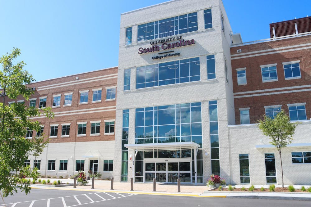 <p>The main entrance of USC's new nursing building at Lexington Medical Center stands on Aug.19, 2024. The university and the West Columbia hospital partnered to provide USC with extra space and clinical instructors to further its nursing program.</p>