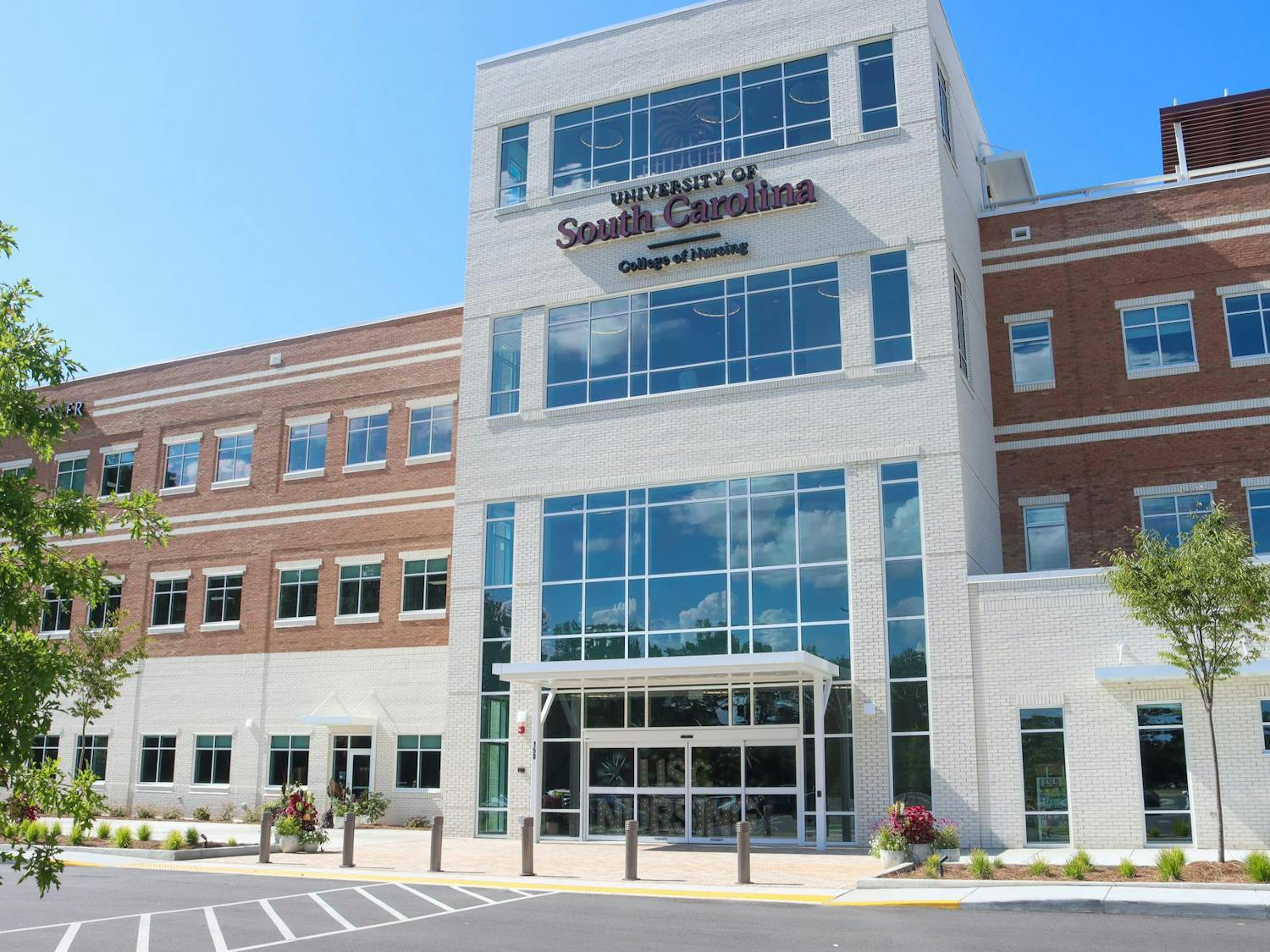 The main entrance of USC's new nursing building at Lexington Medical Center stands on Aug.19, 2024. The university and the West Columbia hospital partnered to provide USC with extra space and clinical instructors to further its nursing program.