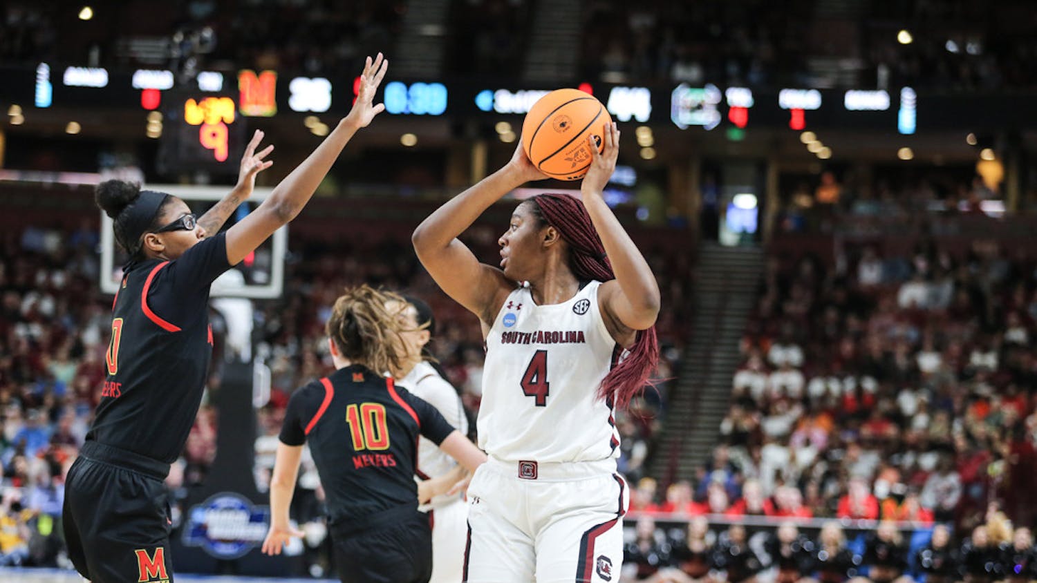 Senior forward Aliyah Boston looks to pass the ball during the Elite Eight game against Maryland on March 27, 2023. The Gamecocks won 86-75, advancing to the Final Four.