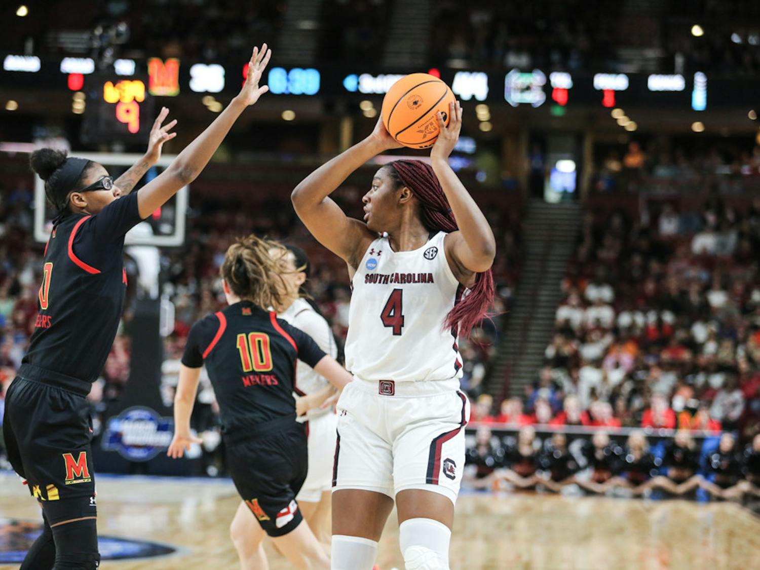 Senior forward Aliyah Boston looks to pass the ball during the Elite Eight game against Maryland on March 27, 2023. The Gamecocks won 86-75, advancing to the Final Four.
