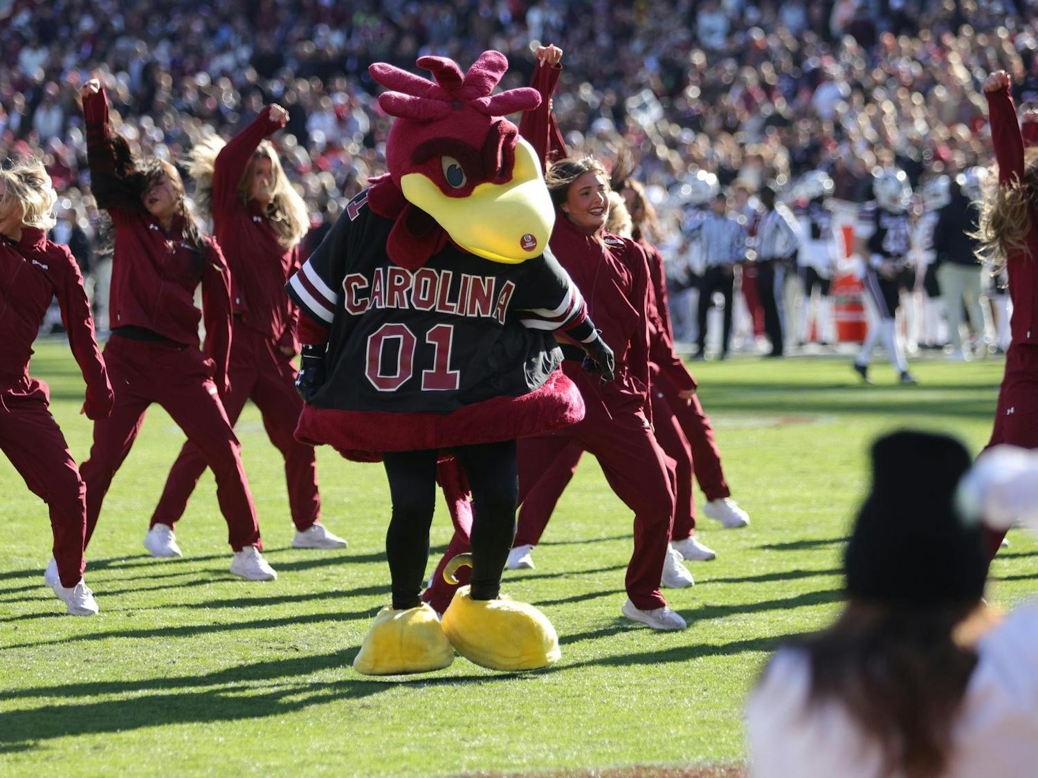 Cocky dances with the USC cheerleaders during a timeout at the Gamecocks’ matchup against the Tigers on Nov. 29, 2025, at Williams-Brice Stadium. The mascot joins the spirit squads throughout the game to keep fans energized.