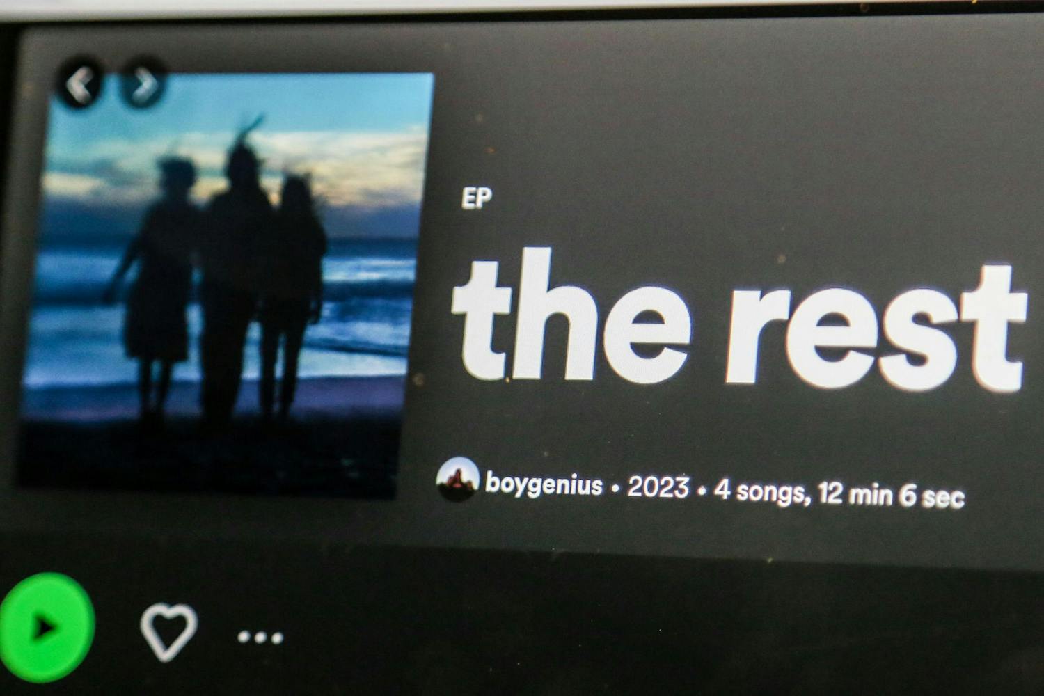 A photo illustration of a computer screen showing "the rest" — a new EP by band boygenius on Oct. 17, 2023. "the rest" is the band's second EP and was released on Oct. 13, 2023.