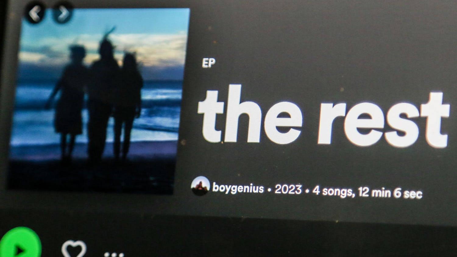 A photo illustration of a computer screen showing "the rest" — a new EP by band boygenius on Oct. 17, 2023. "the rest" is the band's second EP and was released on Oct. 13, 2023.