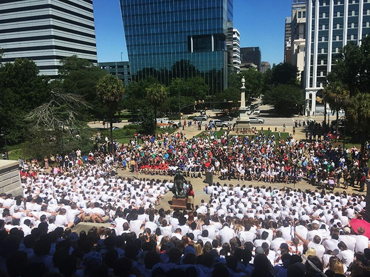 &nbsp;The boys of Palmetto Boys State sit on the steps of the South Carolina Statehouse, where they are attending an assembly after parading from Main Street to the Statehouse.&nbsp;