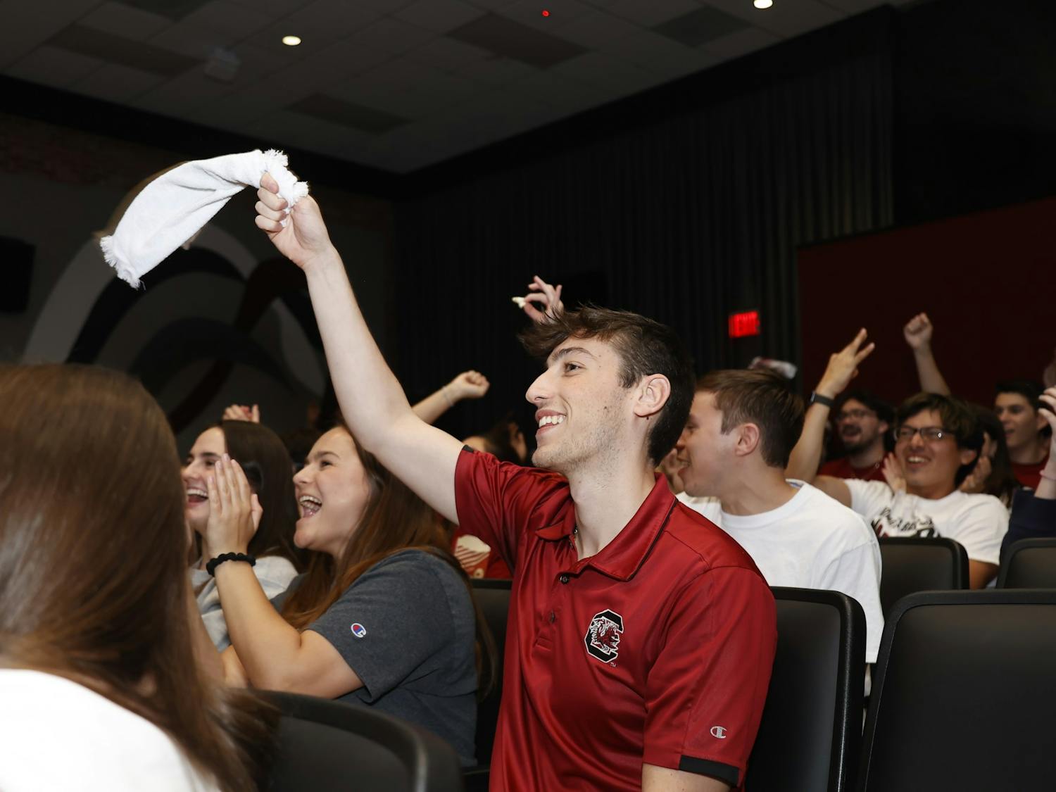 South Carolina students cheer on the women’s basketball team at a watch party in the Russell House Theater on April 3, 2022. The watch party was hosted by Gamecock Entertainment. &nbsp;